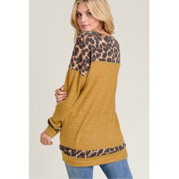 New! Soft Mustard Leopard Print Contrast Shoulder and Trim Long Sleeve Top - Picture 2 of 4